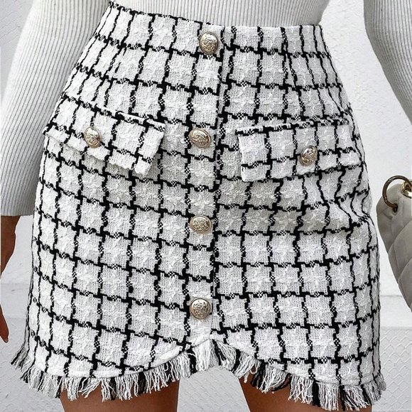 White Preppy Womens Plaid Pattern Raw Hem Tweed Skirt - Picture 4 of 5